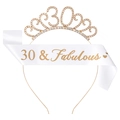 30th birthday set with gold 30 rhinestone tiara and white 30 & Fabulous satin sash - 30th Birthday Gold Tiara White Sash