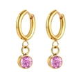 Detail of gold-plated hoop earrings featuring round pink cubic zirconia crystal pendants - Light Purple Zirconia