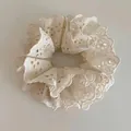 Elegant cream white lace scrunchie with floral embroidery and scalloped edges for women - White Lace Scrunchie