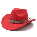Close-up of red felt cowboy hat with ethnic braided band and silver bull head emblem - M (56-59cm) / Red