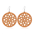 Detailed view of geometric hollowed-out brown wooden earrings with mandala patterns - Style 50/Round Mandala Floral Geometric
