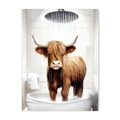 Humorous canvas print of a Highland cow in a bathtub with a modern bathroom setting - 03 Showering Cow