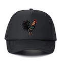 Close-up of black mesh trucker hat featuring a detailed colorful rooster printed patch - One Size / Black