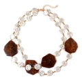 Double-layer fashion necklace with white pearls and brown marble resin pendant - Coffee
