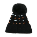 Winter knitted beanie with large faux fur pom and colorful polka dots on black ribbed wool - M (56-58cm) / Black