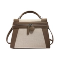 Chic canvas and coffee leather spliced handbag with retro circular zipper detail - Large / Khaki
