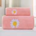 Pink coral fleece towel set with daisy embroidery featuring thick absorbent fabric - Towel (35*75cm) / Youth Daisy Series (Pink)