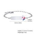 Detail of stainless steel kids bracelet featuring colorful unicorn and rectangular ID tag - Unicorn Style (1826S04-1)