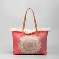 Sac fourre-tout corail en toile avec motif mandala, franges et anses en cuir brun - Mandala Rose Corail