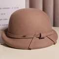 Detailed close-up of wool felt beret featuring an elegant bow and gold metal accent - M (56-58cm) Adjustable / Khaki Grey