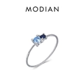 Minimalistischer S925 Silberring mit zwei blauen Kristallen und gedrehtem Band Design - US 5 / Doppelter Blauer Stein Gedrehter Silber Stil (RHR904S)