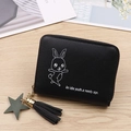 Mini black synthetic leather short wallet with cute bunny print and tassel keychain charm - Black