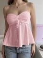 Pink eyelet embroidery tube top with drawstring front and ruffled hem for women - S / Pink