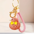 Pink rhinestone encrusted duck keychain with gold hardware and pink braided leather strap - Braided Pink Rhinestone Duck