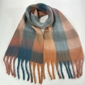 Thick gradient plaid scarf with tassels in blue, orange, and beige soft warm fabric - 20# (Blue Grey Orange Beige Brown Gradient)
