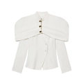 Elegant white slim fit blazer for women with wide off-shoulder lapel and gold buttons - S / White