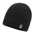 Winter black knit beanie with warm fleece lining and subtle leather brand patch - Black