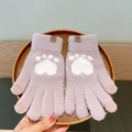Light purple knitted winter gloves with white cat paw pattern and pink touch fingertips - Cat Paw / Light Purple