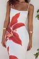 Close-up of vibrant red floral print on a sleek white bodycon summer sundress - S / White (Red Floral)