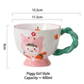 400ml light green ceramic mug with cartoon girl design and green spiral handle - Piggy Girl - Green Handle