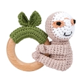 Handmade crochet baby rattle sloth with natural wooden ring for teething comfort - Hug Sloth