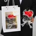 Handmade red rose soap flower bouquet with LED lights in tweed wrap and gift bag - With Preserved Plants (No Bag/Light) / Black
