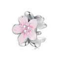 Pink enamel cherry blossom bead charm in S925 sterling silver for DIY jewelry - Pink Flower Spacer Bead (SCC2691)