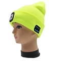 Neon yellow knitted beanie featuring integrated LED headlight and Bluetooth headphones - 4-LED Bluetooth Style / Fluorescent Green