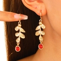 Vintage long leaf tassel earrings with gold finish and red gemstone for women - Red Rhinestone Leaf Earrings (N-073) / Gold+Red