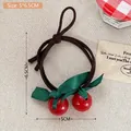 Sweet cherry hair tie with red beads and green bow on high-stretch brown rubber band - Hair Tie / 1# Cherry Hair Tie