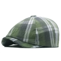 Green and grey plaid newsboy cap with classic vintage textured fabric and button top - Green Plaid