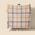 Macro detail of thick flannel blanket with navy blue and yellow plaid pattern on beige base - Style 34 (Beige Blue Yellow Plaid)