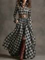 Close-up of French vintage plaid dress with long sleeves and a brown leather belt - Size 9 Black Checkered - Includes Belt / S