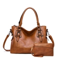 Elegant brown faux leather tote and clutch set with vintage metallic buckle and strap - Brown