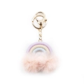 Rainbow woven keychain with gold metal ring and two soft pink fluffy pom poms - Light Pink Fur Ball