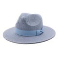 Detail of blue straw sun hat with decorative grosgrain ribbon bow on a white background - M (56-58cm) / Sky Blue