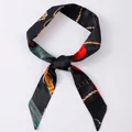 Narrow twilly scarf with vintage gold chain and belt buckle print on black background - X36-Multi