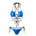 Dettaglio bikini blu metallizzato con cinturini incrociati in vita e lacci regolabili - Blu / S