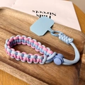 Pink and light blue braided phone wrist strap with adjustable bead and lobster clasp - Short [Cyan & Pink] Adjustable Braided Lanyard + Light Blue Patch