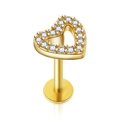 18K goud hartvormige piercing met sprankelende zirkoonstenen en platte achterkant - Gouden Lipknopje 6mm Enkel (Platte Achterkant)