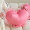 Pink heart-shaped satin pillowcase with ruffle trim held on a cozy plush sofa - Pink Heart Ruffle Pillowcase (Core Not Included) / 40*50cm