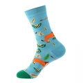 Mid-calf cotton crew socks featuring a blue lion and botanical pattern in trendy style - 906 Lion