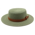 Detail of sage green straw boater hat featuring a brown faux leather belt with buckle - Dark Green