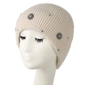 Women's warm winter knit beanie with elegant silver flower rivets and rhinestones - Beige