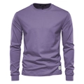 Detail of lavender cotton long sleeve t-shirt collar and fabric texture in close-up view - M / Purple
