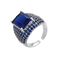 Macro shot of silver open ring featuring a square blue gemstone with micro-pave crystals - Platinum Blue Zirconia