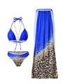 Detailed three-piece bikini set with leopard print mesh skirt and gold chain accents - S / Blue
