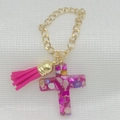 Cross charm for Stanley cups featuring colorful resin stones and a hot pink tassel - Magenta (Colorful Stone Cross + Magenta Tassel)