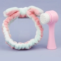 Pink and mint green bow headband set with double-sided facial cleaning brush - Standing Brush + Green & Pink Striped Hairband Set / Pink