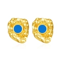 Retro golden heart earrings with wrinkled texture and royal blue center inlay - Blue